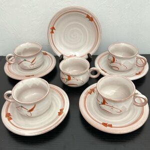 Rare Tachikichi Japanese Pottery Cup & Saucer Set of 5 Vintage In Box